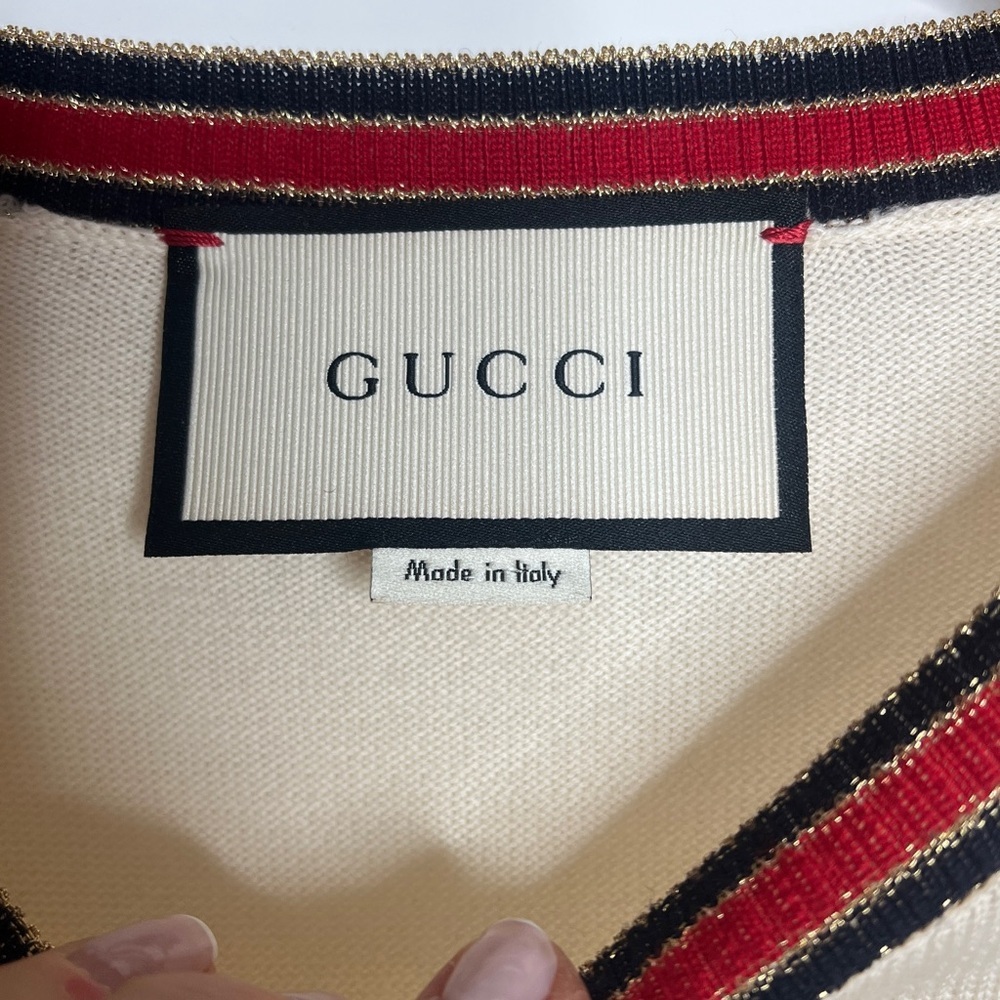 Gucci Sz S Cream Wool Lurex Web Trim Crew Neck Sweater - Picture 2 of 8